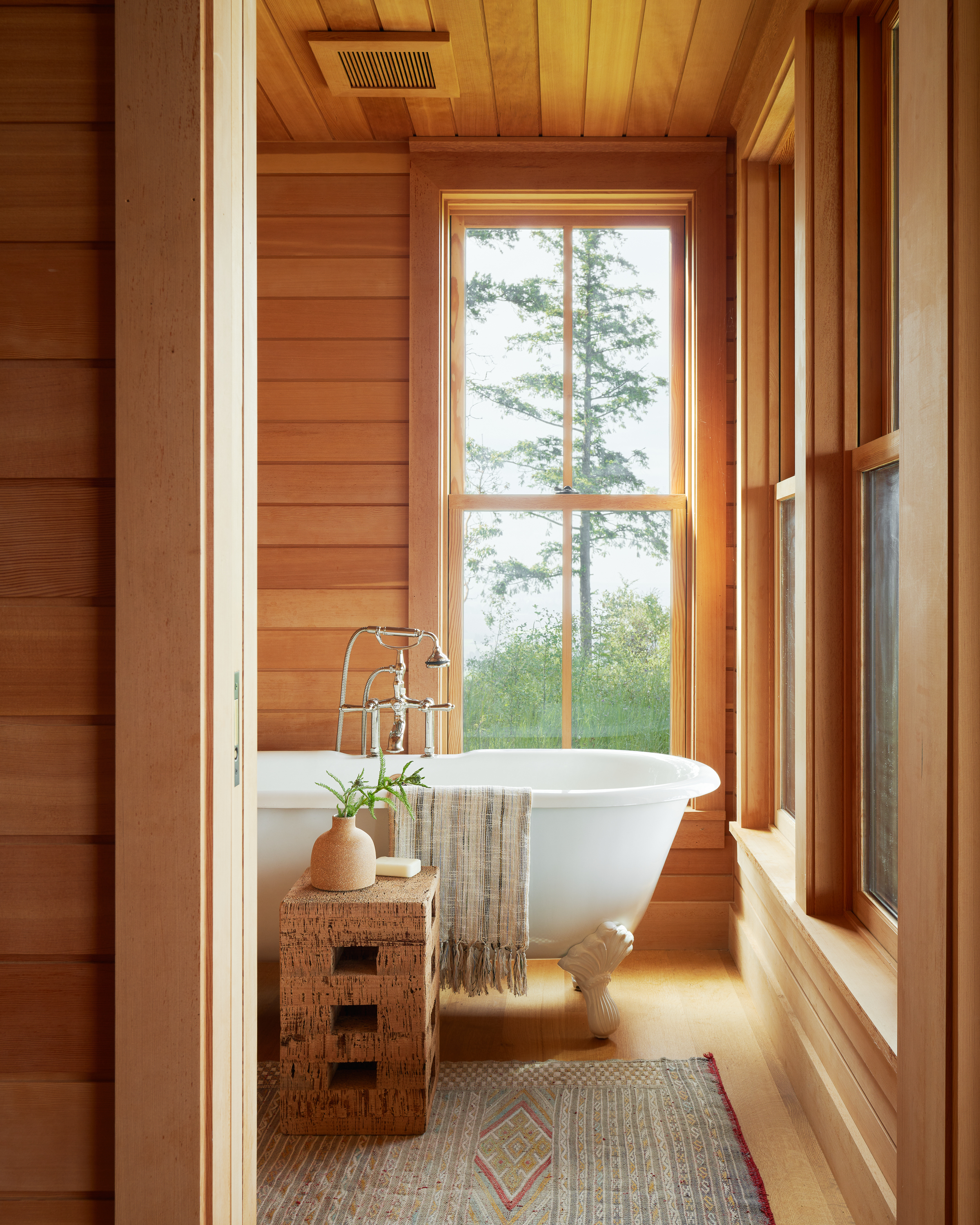 A claw-footed tub with views of the forest.