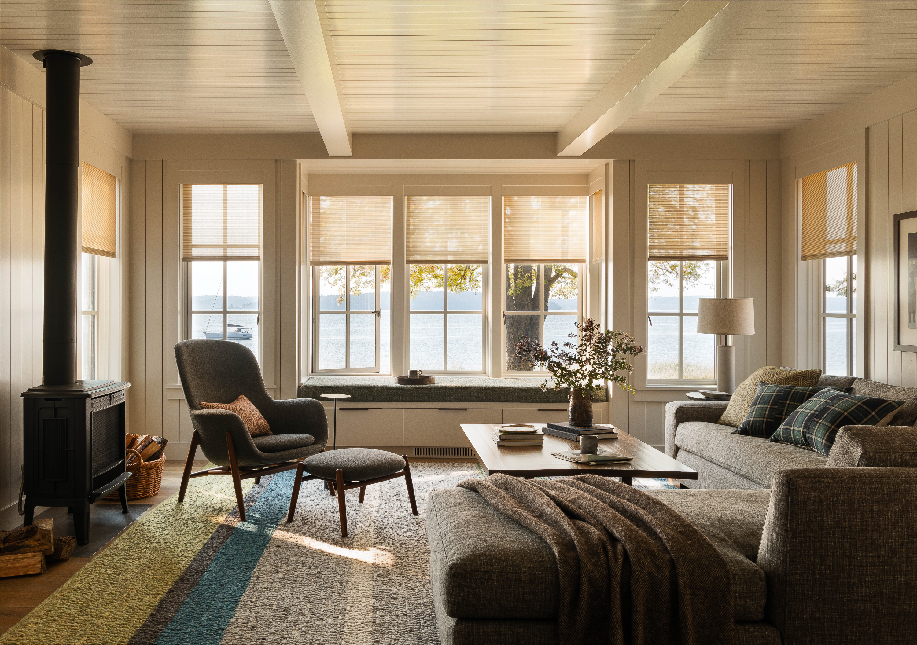The family room serves as a relaxed extension of the kitchen, with views of the Puget Sound and Mt. Rainier on clear days.